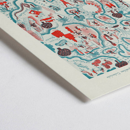 Closeup detail of Colorful illustrated map poster Petit Mentor Carte de l exposition coloniale by Lucien Boucher featuring various regions and activities