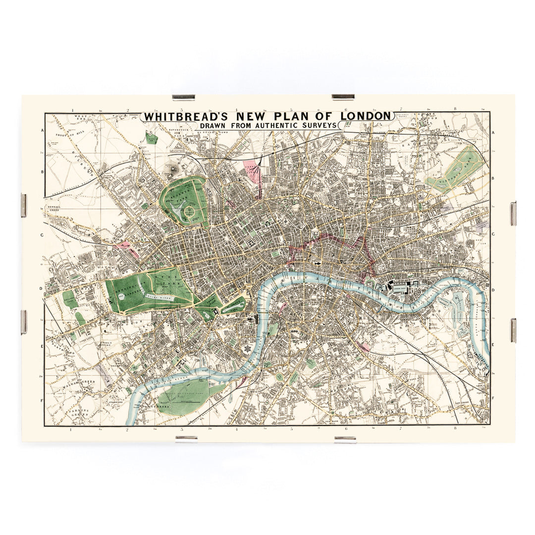 Vintage map of London by J Whitbread titled Whitbreads new plan of London showing streets and parks, framed and displayed in modern living room decor