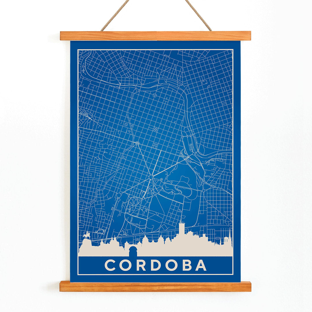 Cordoba Minimalist Map artwork and poster with blue and white grid design and city skyline silhouette, with wooden magnetic frame on white background