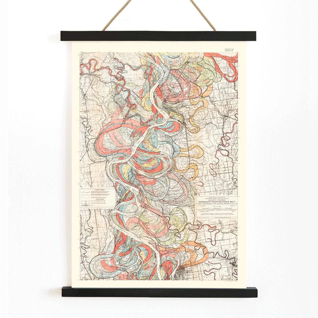 Colorful topographic map poster of the Mississippi River by Harold Fisk titled Ancient Courses of the Mississippi River showing historic colorful swirls and paths, with wooden magnetic frame on white background