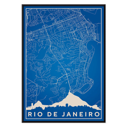 Minimalist blue and white Rio de Janeiro map poster by Moryarty featuring detailed street lines and city skyline silhouette, with black aluminium frame on white background