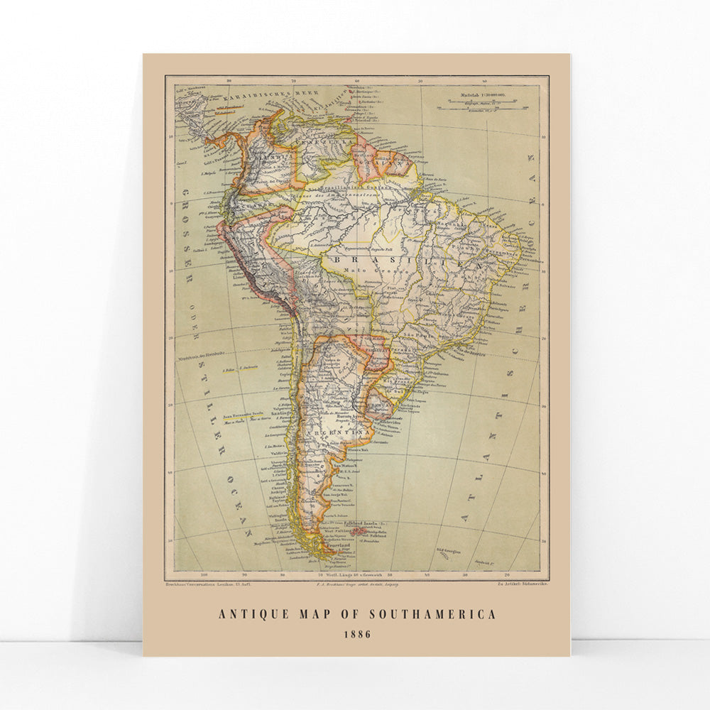 Vintage map of South America by Institute of Liepzig German antique map Brasil detailed geographic features artwork poster, framed and displayed in modern living room decor