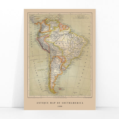 Vintage map of South America by Institute of Liepzig German antique map Brasil detailed geographic features artwork poster, framed and displayed in modern living room decor