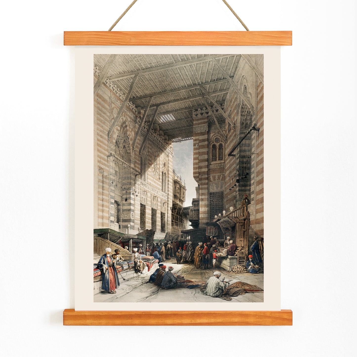 Bustling silk bazaar scene in Cairo with merchants and textiles artwork Bazaar of the silk mercers by David Roberts, with wooden magnetic frame on white background
