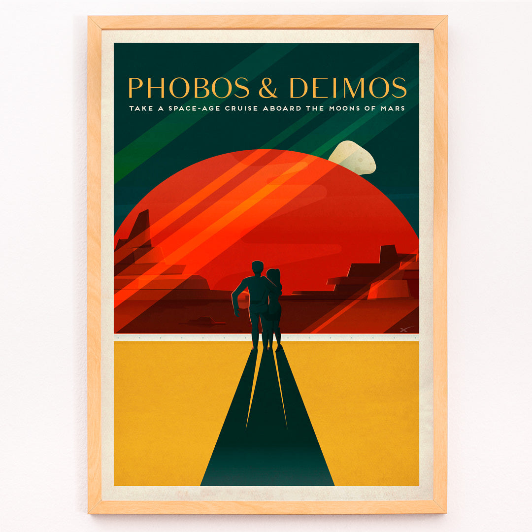 Closeup detail of Couple walking toward red Mars landscape with moons Phobos and Deimos by SpaceX in retro style poster
