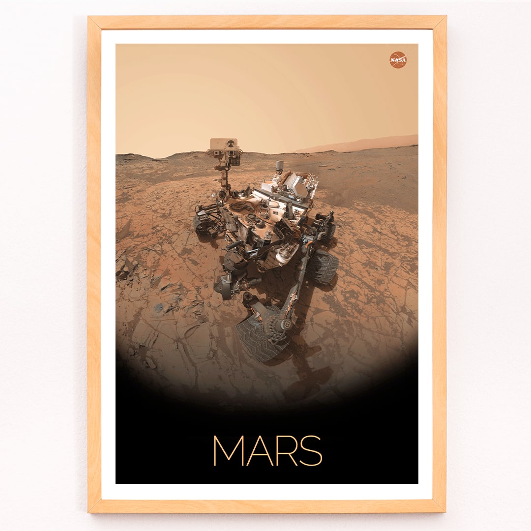 Mars exploration rover by NASA on the Martian surface in the Rover on Mars poster with NASA logo in top right corner, framed and displayed in modern living room decor