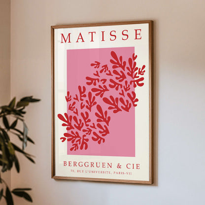 Papiers decoupes 3 Matisse inspired red and pink abstract art print poster with cut out shapes on pink background Berggruen gallery affiche, framed and displayed in modern living room decor