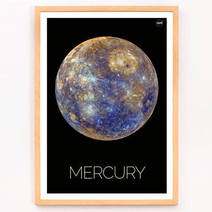NASA Mercury artwork and poster showing the planet in vivid colors and detailed surface against a black background with Mercury title below, framed and displayed in modern living room decor