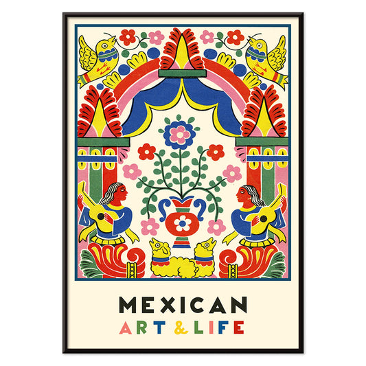 Colorful Mexican folk art illustration and poster featuring vibrant birds musicians flowers and patterns from Mexican Art and Life, with black aluminium frame on white background