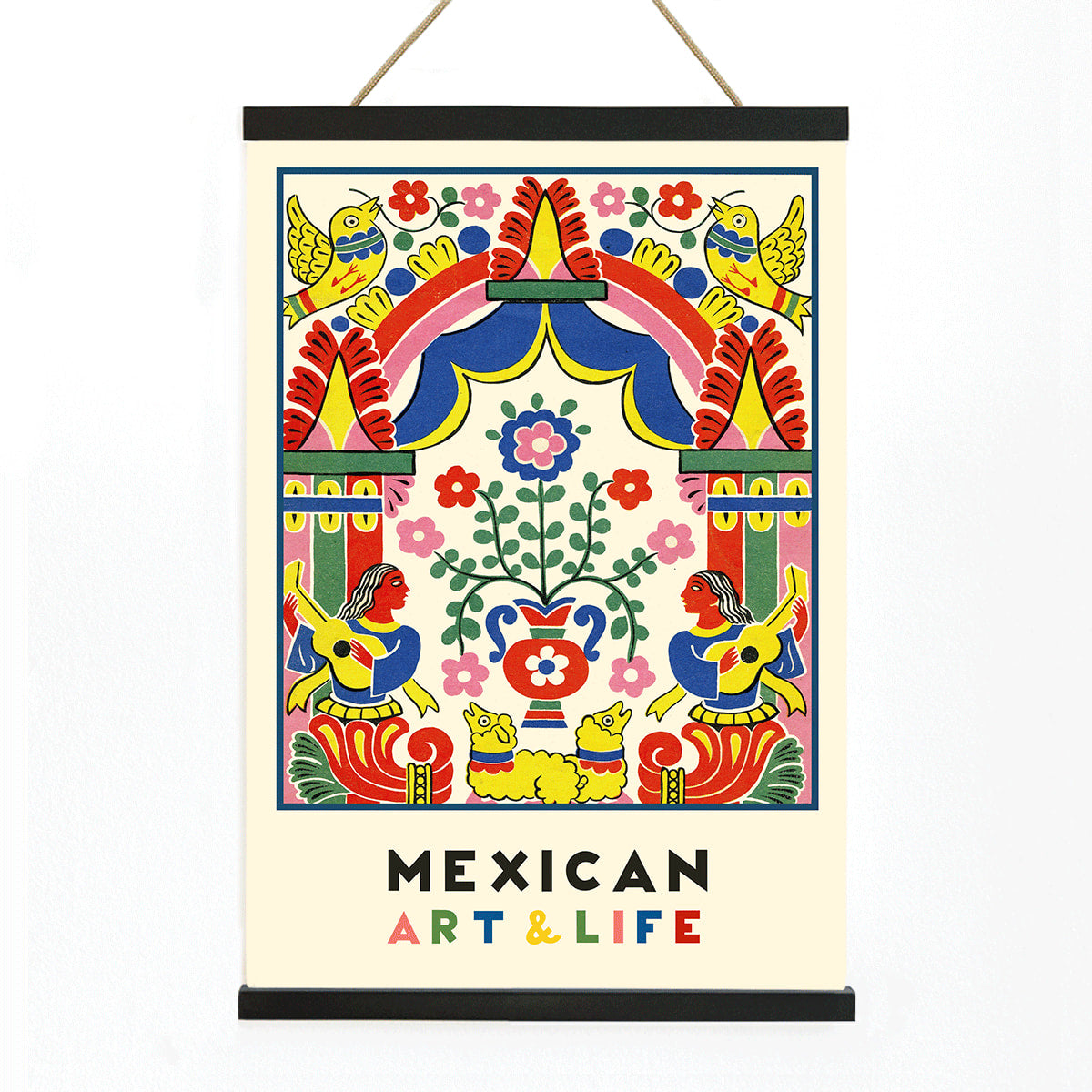 Colorful Mexican folk art illustration and poster featuring vibrant birds musicians flowers and patterns from Mexican Art and Life, with wooden magnetic frame on white background
