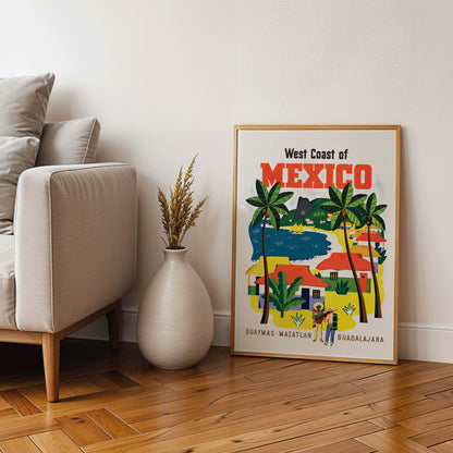 Colorful vintage travel poster of the West Coast of Mexico by Ray Bethers with palm trees and vibrant colorful houses, framed and displayed in home decor