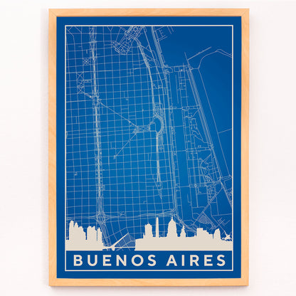 Minimalist Buenos Aires Map wall art poster featuring city streets and landmarks by Minimalist artist, framed and displayed in modern living room decor