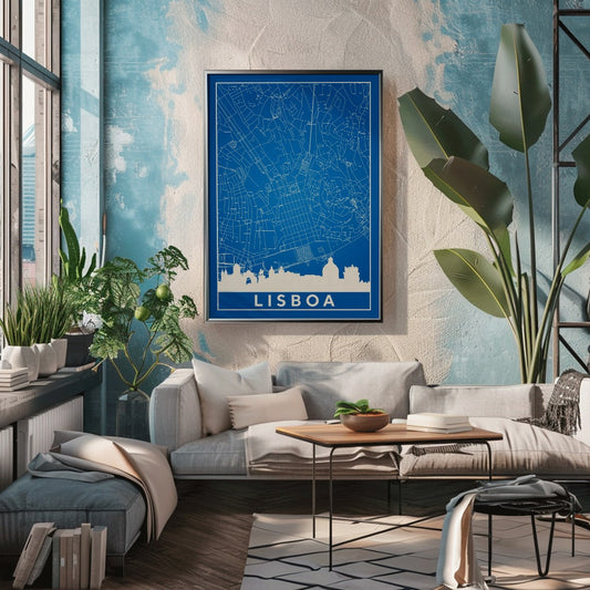 Minimalist Lisbon Map artwork in blue and white showing city map skyline and landmarks silhouette poster, framed and displayed in home decor