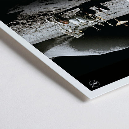 Closeup detail of Astronaut beside lunar rover on the moon surface Man on Moon 1 by NASA poster with Earths Moon text