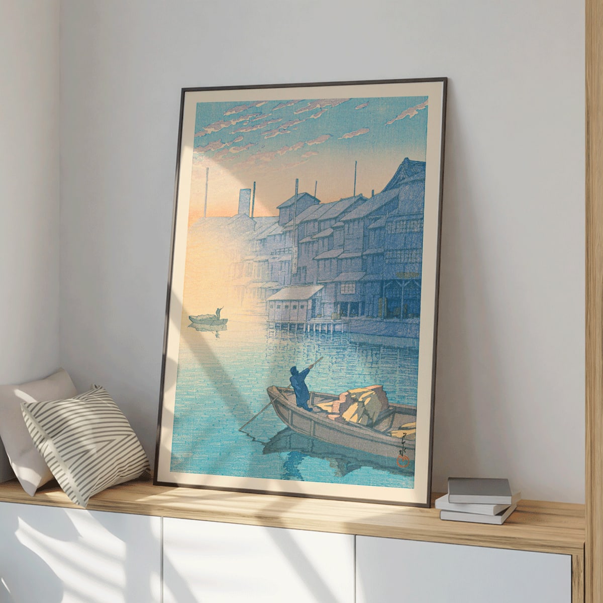 Morning at Dotonbori by Kawase Hasui serene river scene with boats and wooden houses at dawn Japanese art poster, framed and displayed in home decor