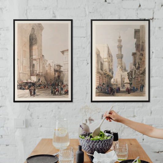 People gathered outside the grand entrance to the Mosque of the Sultan Hassan artwork and poster by David Roberts, framed and displayed in home decor