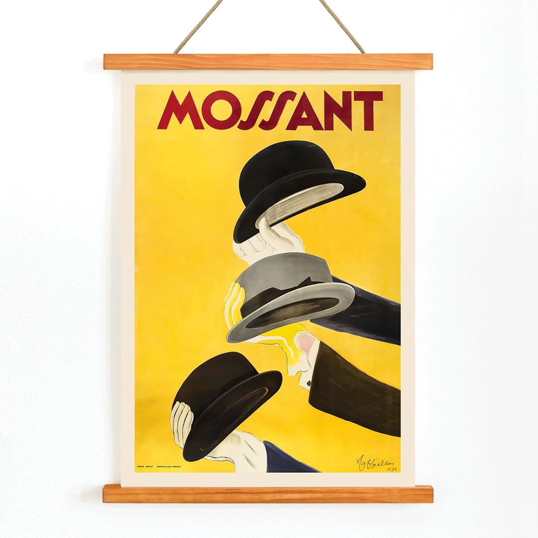 Vibrant poster by Leonetto Cappiello featuring three hands holding hats with yellow background and Mossant text, with wooden magnetic frame on white background
