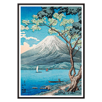 Mount Fuji from Lake Yamanaka by Hiroaki Takahashi with sailboats blue water and a tree in the foreground Japanese artwork poster, with black aluminium frame on white background