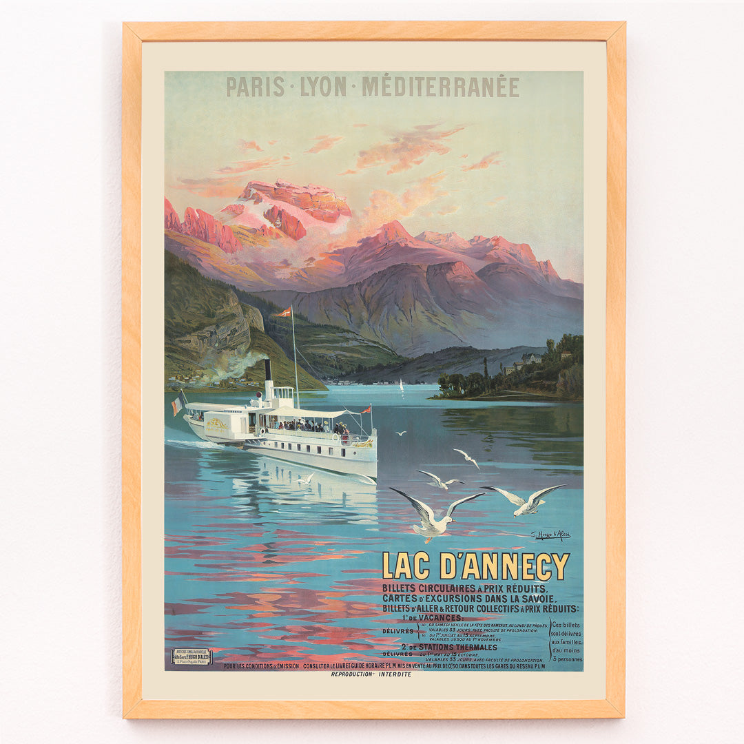 Closeup detail of Poster of Le Lac d Annecy by Frederic Hugo d Alesi showing a scenic mountain lake with boat and seagulls at sunset