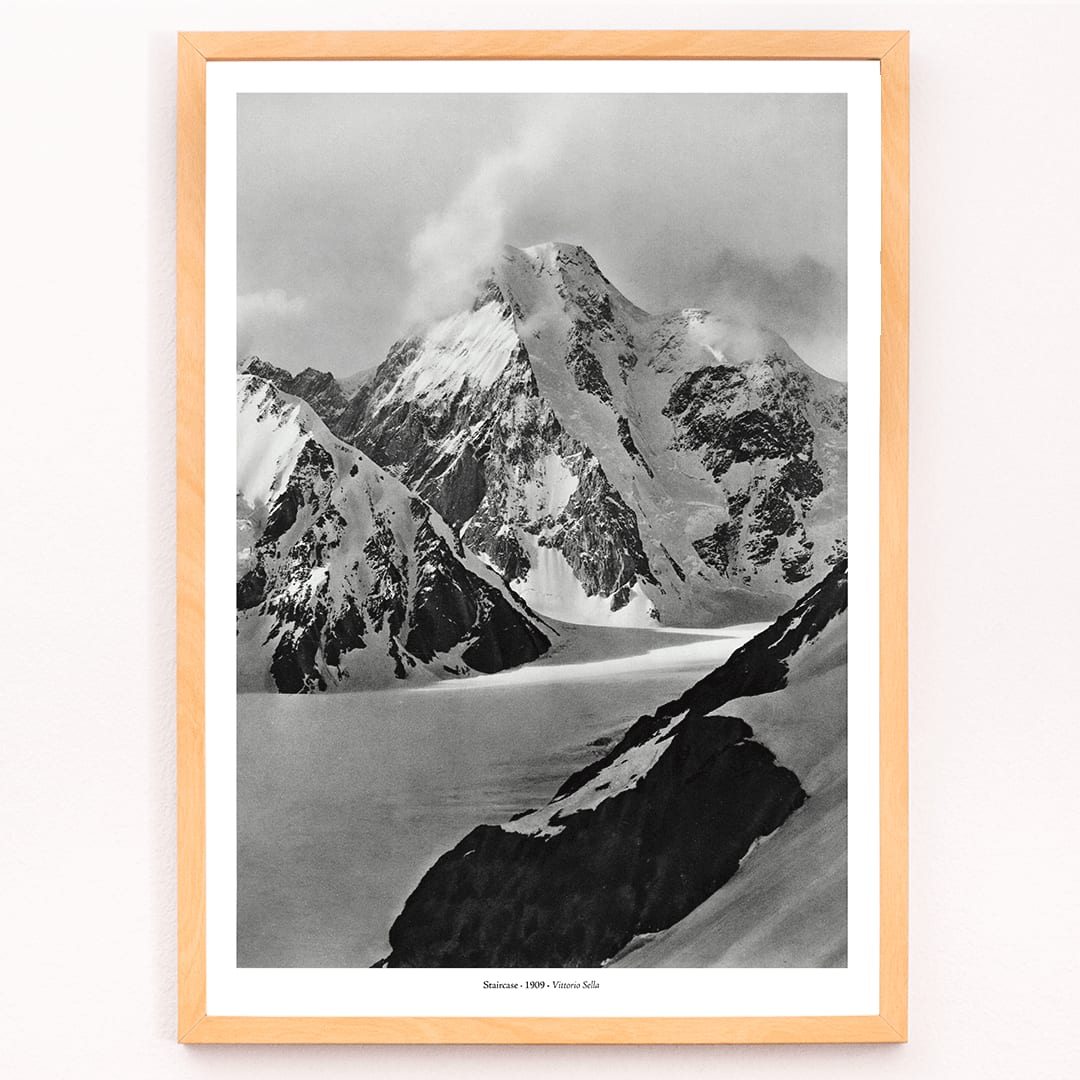Snow covered mountain landscape by Vittorio Sella Staircase vue prise au dessus du glacier Godwin Austen poster artwork, framed and displayed in modern living room decor