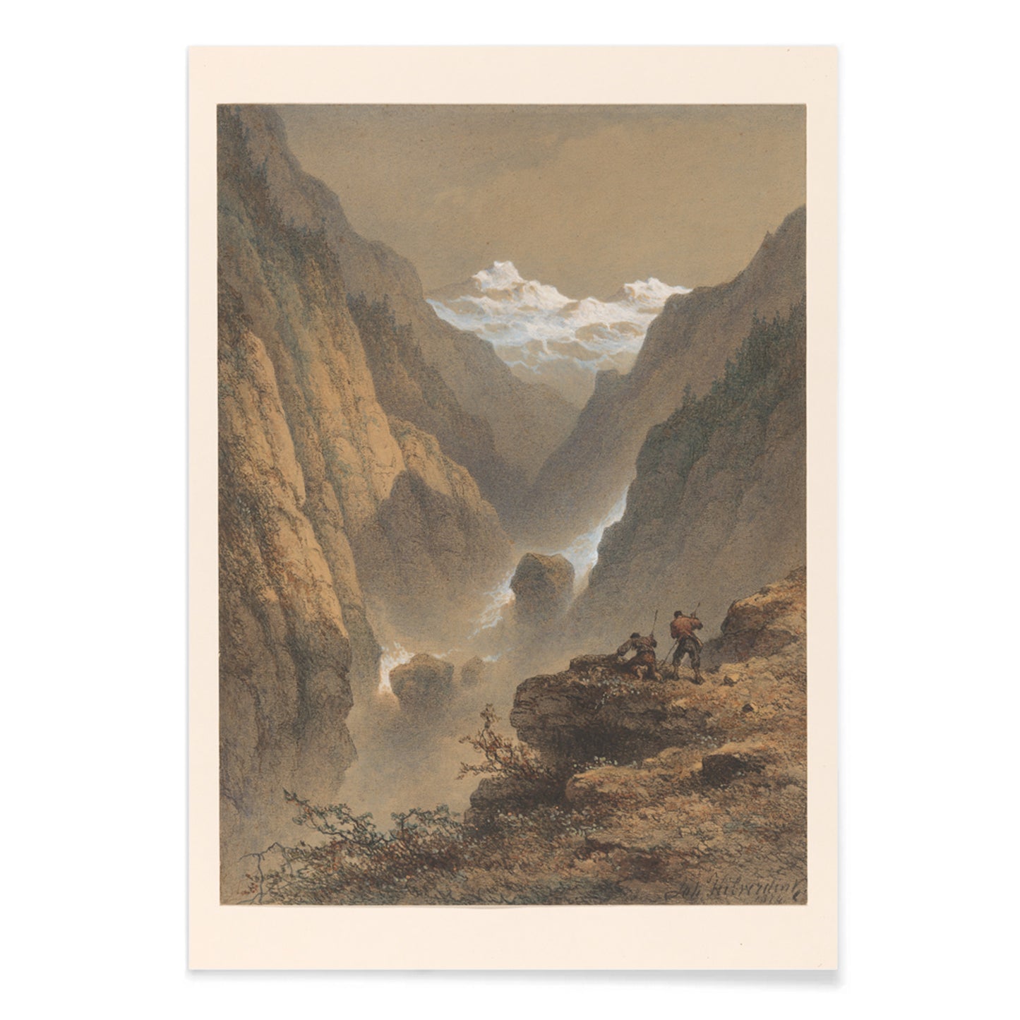Two men hiking in dramatic mountain landscape poster by Johannes Hilverdink showing two guys in rocky mountains artwork, with black aluminium frame on white background