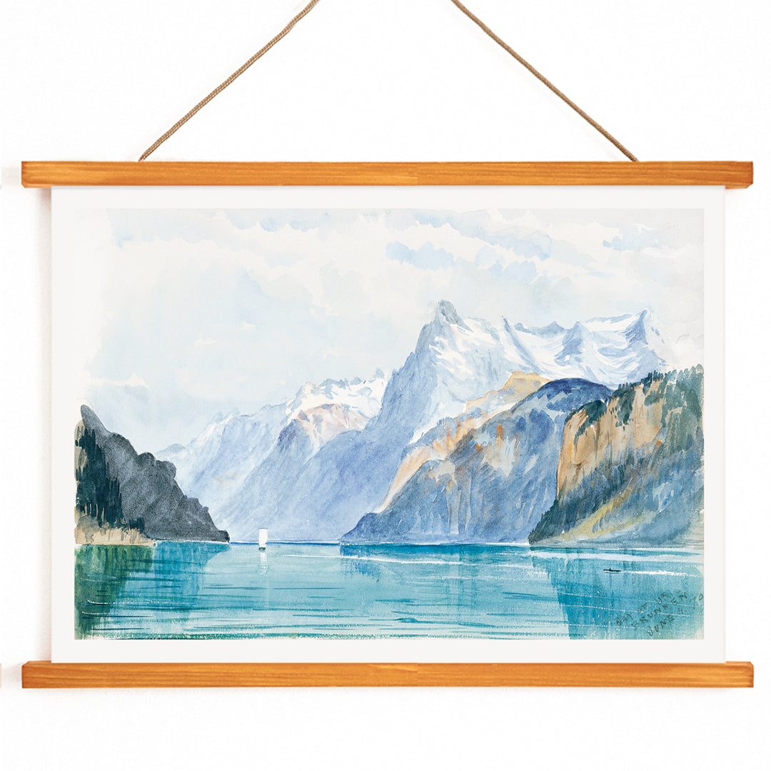 Bay of Uri Brunnen Switzerland mountain lake landscape artwork by John Singer Sargent poster for home decor, with wooden magnetic frame on white background