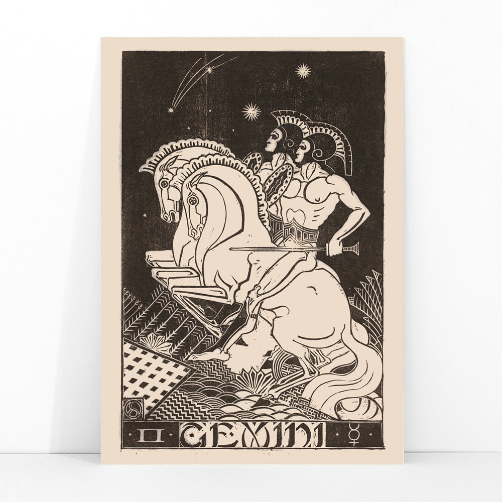 Gemini zodiac artwork by Henri van der Stok featuring two figures with chariot and horses under stars detailed black and white illustration, framed and displayed in modern living room decor