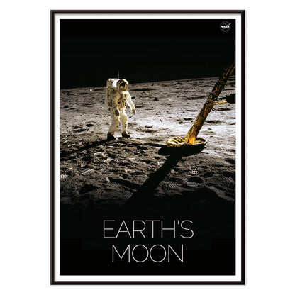 Astronaut on the lunar surface with text Earths Moon Man on Moon 2 by NASA poster, with black aluminium frame on white background