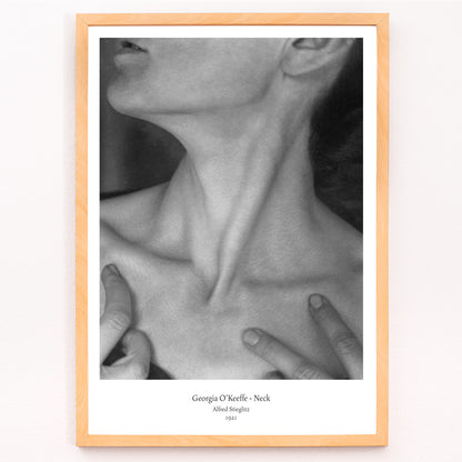 Closeup detail of Black and white portrait of Georgia O Keeffe neck and hands by Alfred Stieglitz wall art poster photography decor