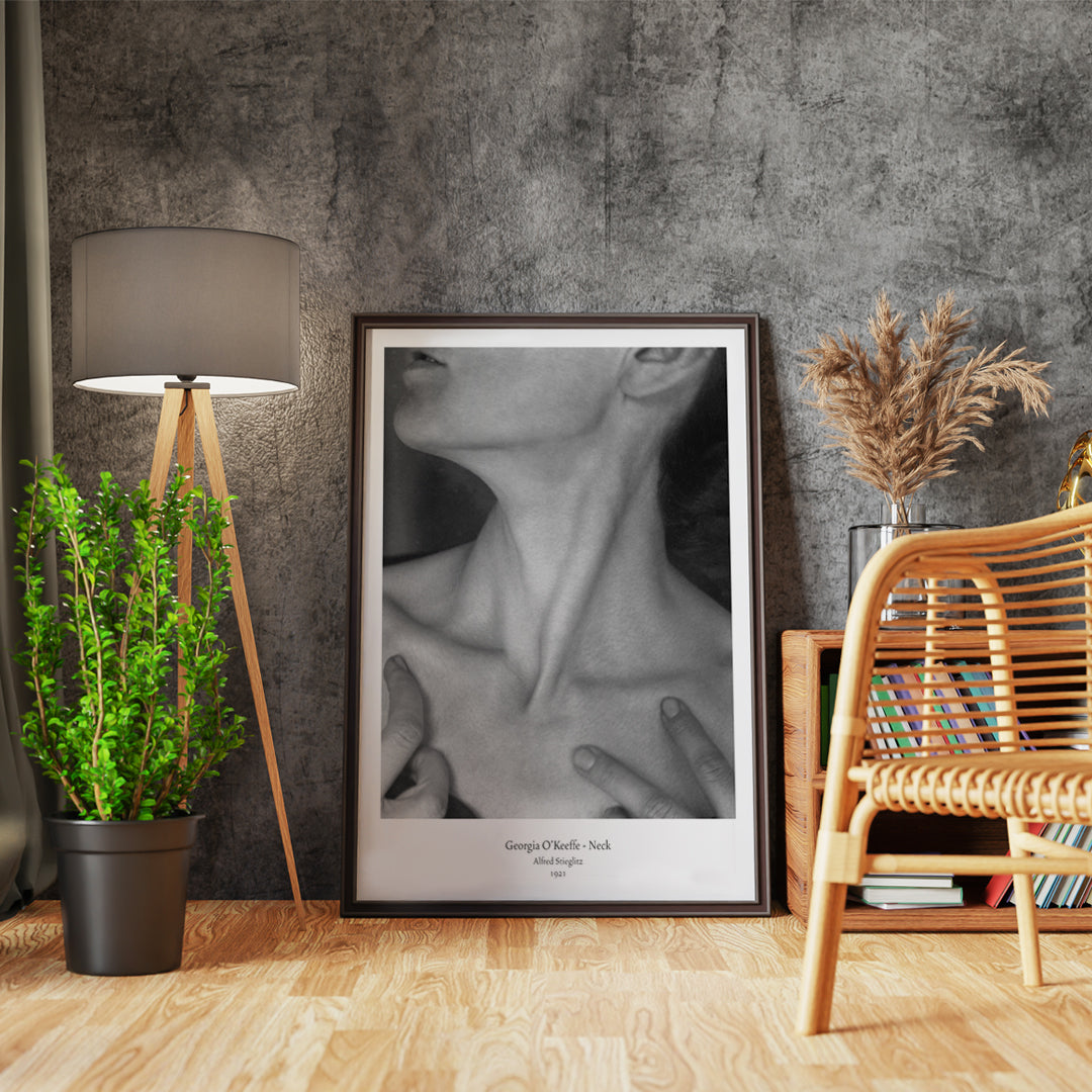 Black and white portrait of Georgia O Keeffe neck and hands by Alfred Stieglitz wall art poster photography decor, framed and displayed in home decor
