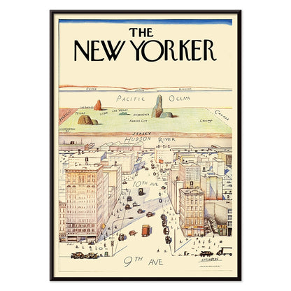 The New Yorker poster by Saul Steinberg featuring a whimsical stylized cityscape and landscape with 9th and 10th Avenue, with black aluminium frame on white background