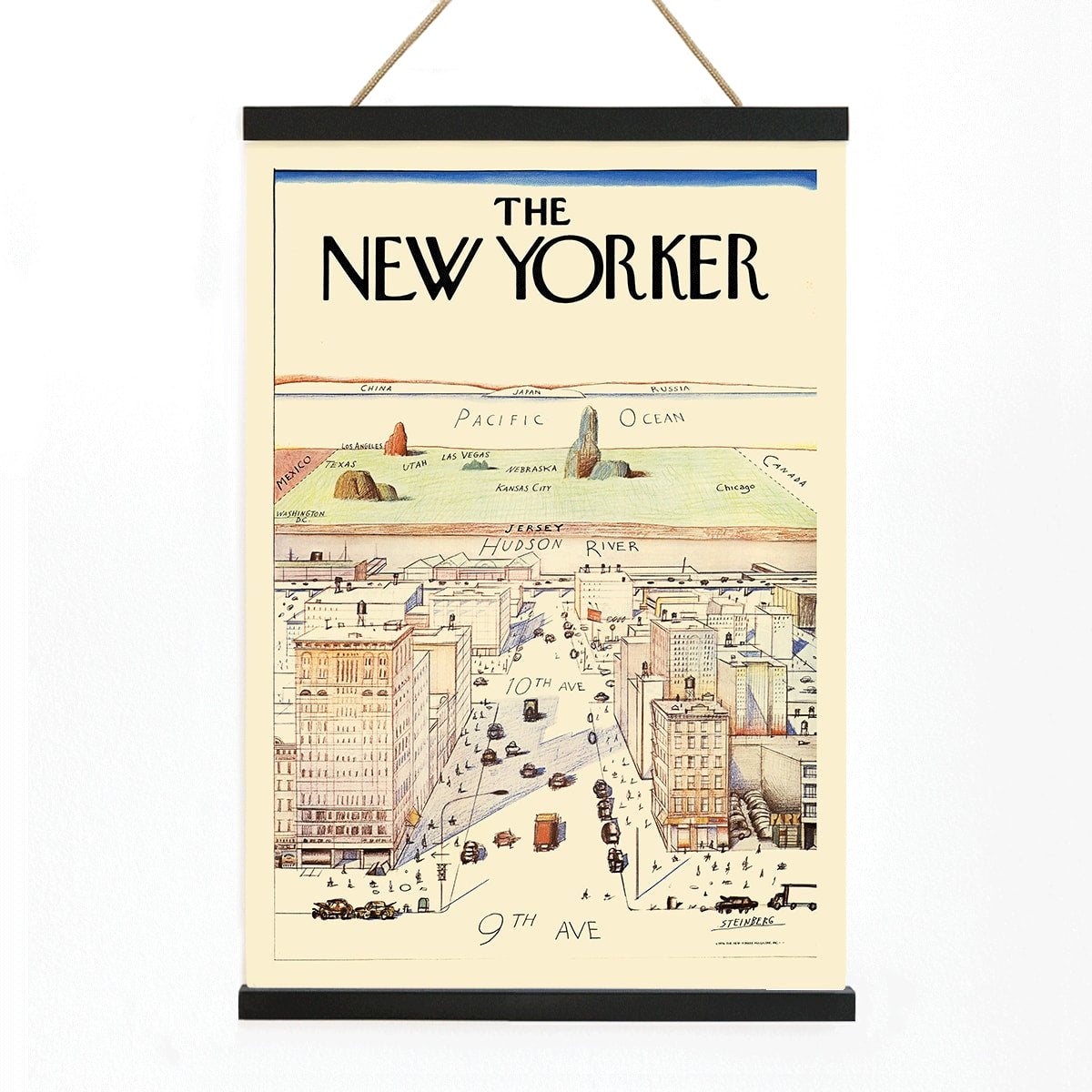 The New Yorker poster by Saul Steinberg featuring a whimsical stylized cityscape and landscape with 9th and 10th Avenue, with wooden magnetic frame on white background