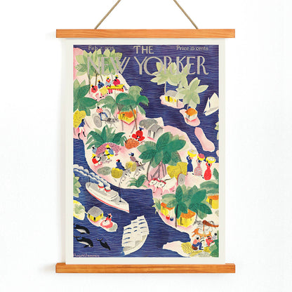 Colorful tropical island scene with people huts boats and palm trees in watercolor style illustration by Roger Duvoisin for The New Yorker, with wooden magnetic frame on white background