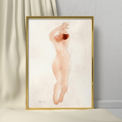 Watercolor sketch and poster of nude woman with red hair arms raised titled Caresse moi donc cheri by Auguste Rodin, framed and displayed in home decor