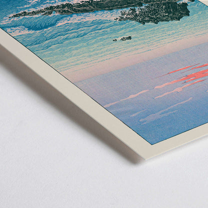Closeup detail of Morning at Cape Inubo by Kawase Hasui seascape with waves crashing on rocky shore at sunrise coastal scene poster