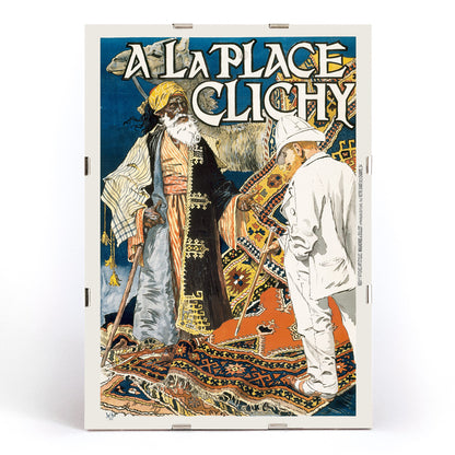 Colorful market scene with two men on ornate patterned rugs poster with bold text A la Place Clichy by Eugene Grasset, framed and displayed in modern living room decor