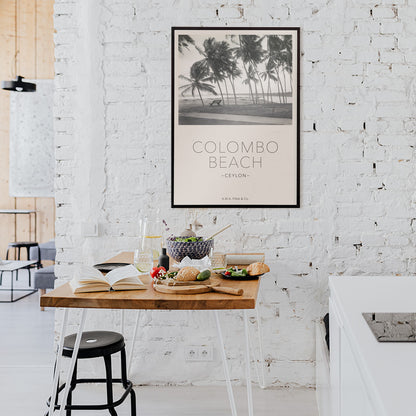 Colombo Beach Ceylon poster with palm trees and empty bench artwork by AWA Plate and Co ideal for wall decor and travel themes, framed and displayed in home decor