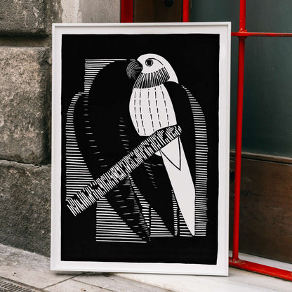 Black and white geometric parakeet artwork by Samuel Jessurun de Mesquita titled Parakeets Parkieten poster featuring parakeet on branch, framed and displayed in home decor