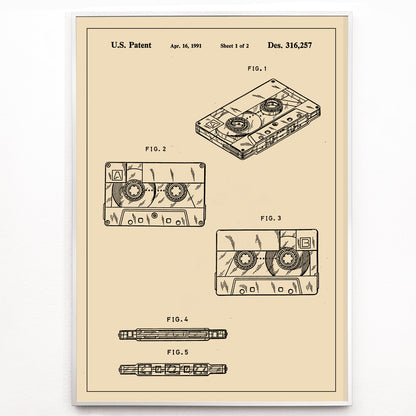 Closeup detail of Vintage cassette tape patent illustration and technical drawing poster Audio Tape Patent artwork by US Patents ideal music lover decor
