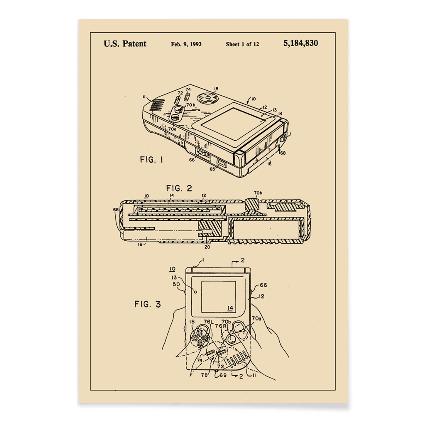 Gameboy Patent technical drawing and poster artwork by Nintendo ideal for gaming decor and collectors, with black aluminium frame on white background