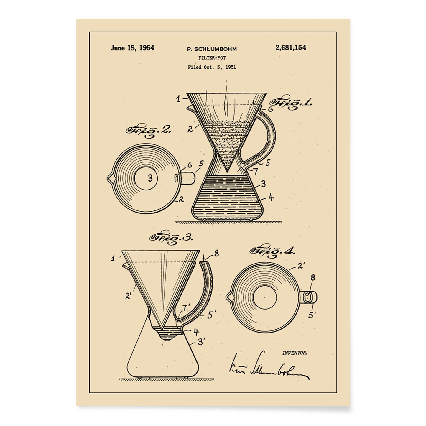 Vintage technical drawing and poster of coffee filter pot patent by P Schlumbohm with schematic and design details, with black aluminium frame on white background