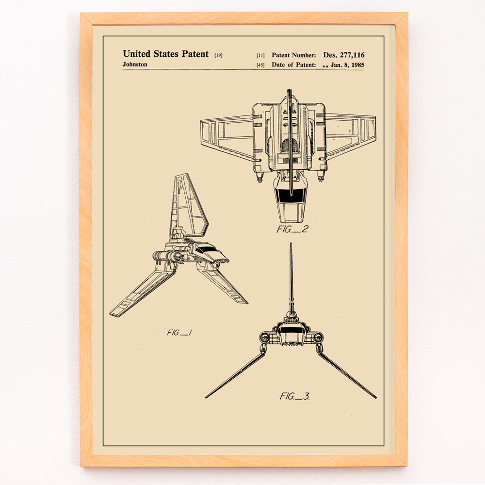 Closeup detail of Technical drawings and vintage poster of Star Wars Imperial Shuttle patent artwork by Joe Johnston