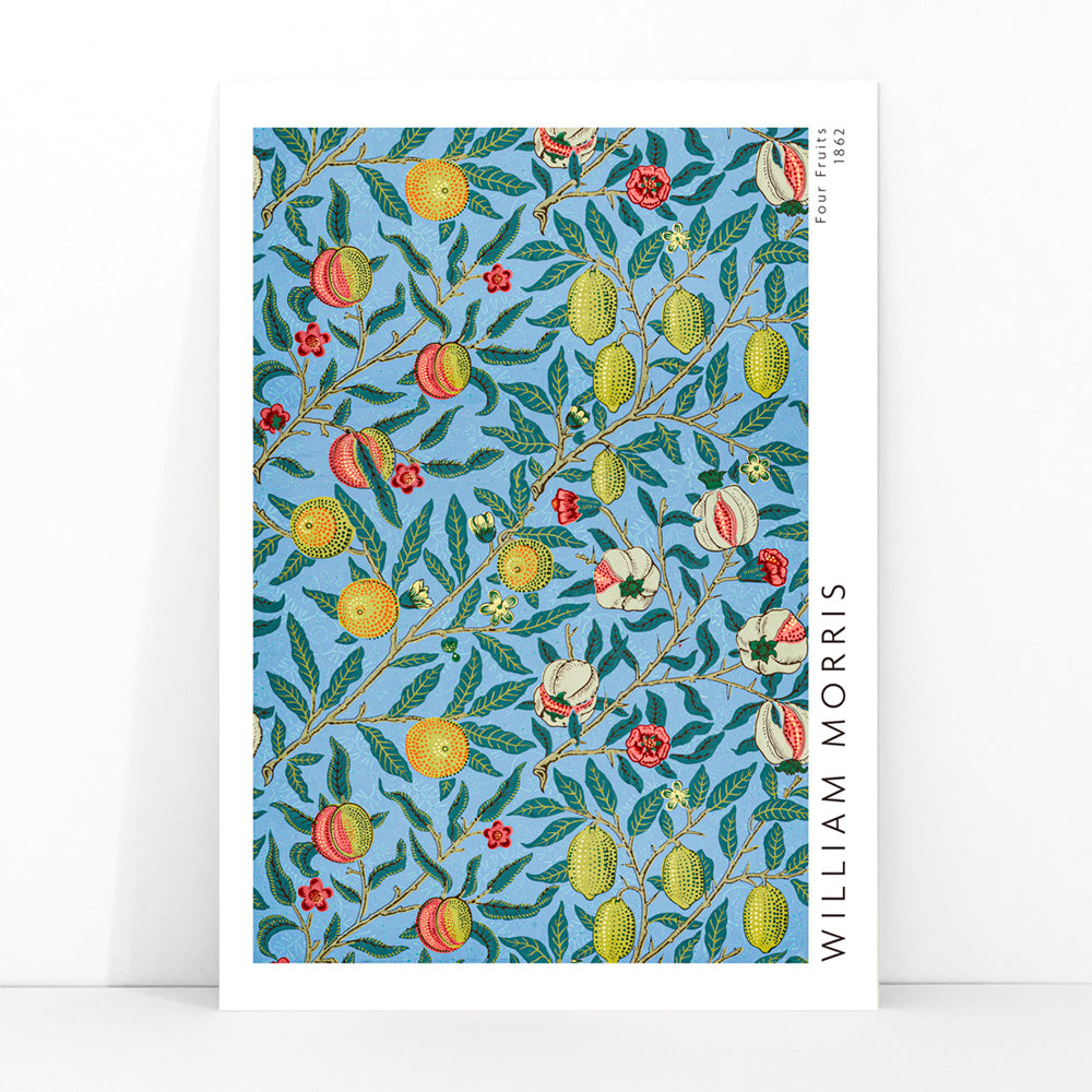 Colorful botanical wallpaper and poster featuring fruits and leaves from Four Fruits pattern by William Morris on blue background for wall decor, framed and displayed in modern living room decor