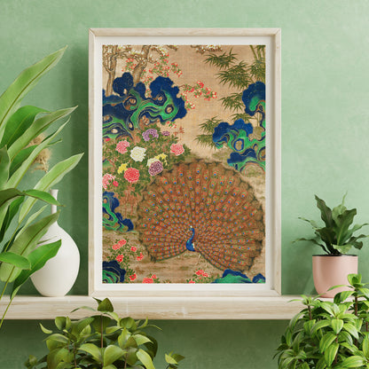 Vibrant Chinese peacock with colorful flowers classic artwork poster perfect for wall decor, framed and displayed in home decor