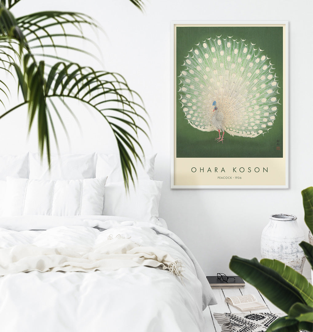 Elegant white peacock with full plumage on green background artwork by Ohara Koson poster, framed and displayed in home decor