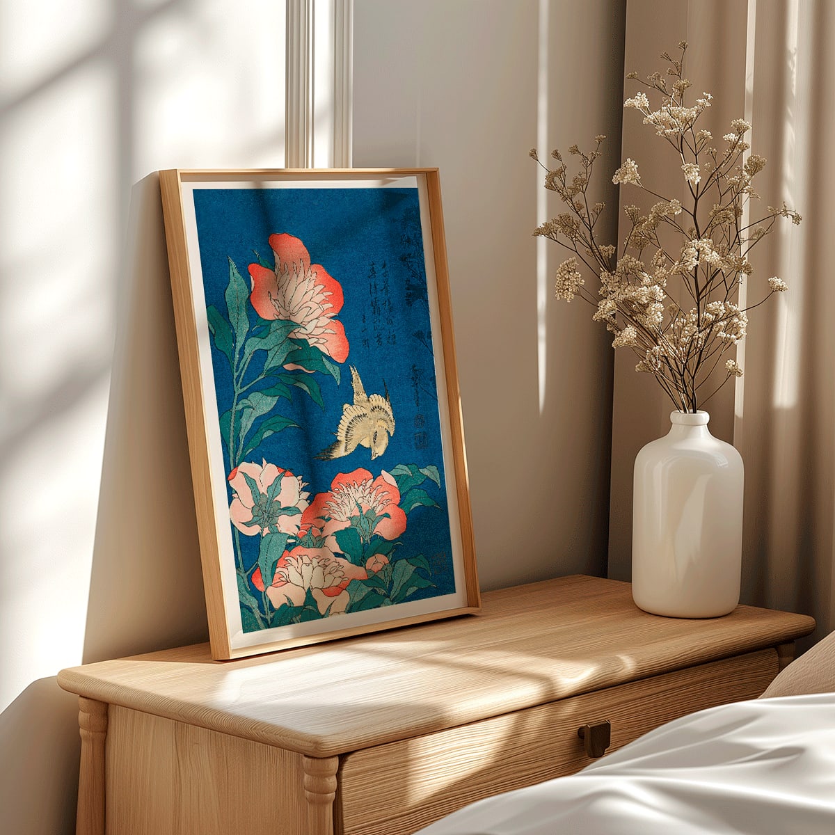 Peonies and canary by Katsushika Hokusai featuring a canary bird among blooming peonies with blue background artwork poster, framed and displayed in home decor
