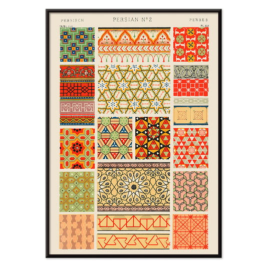 Poster of Persian 2 vintage pattern from Grammar of Ornament by Owen Jones with intricate and colorful geometric designs, with black aluminium frame on white background