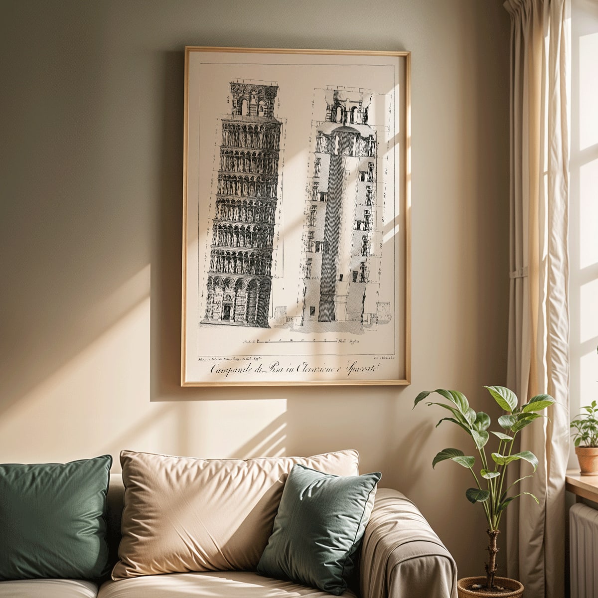 Architectural illustration and poster of the Leaning Tower of Pisa Campanile di Pisa by GL Taylor featuring elevations and section views, framed and displayed in modern living room decor