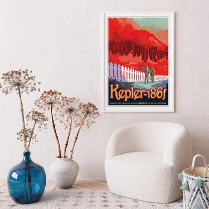 Two astronauts on Kepler-186f with red grass and trees NASA artwork poster wall decor, framed and displayed in home decor