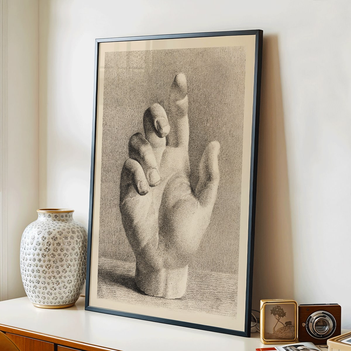 Poster of a detailed pencil drawing of a sculpted raised hand by Dankvart Dreyer titled A Hand Drawn After Plaster, framed and displayed in modern living room decor